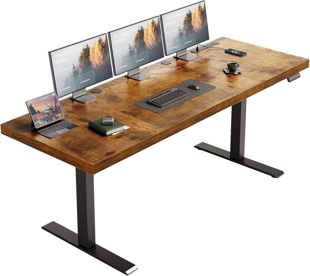 OffiGo 71 Inch Executive Electric Standing Desk, Height Adjustable Desk with Power Outlet & 1.38″ Thick 3-Piece Desktop, Sit Stand Computer Desk for Home, Office, Conference Room, Rustic Brown