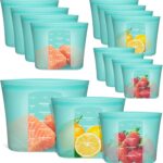 Reusable Food Bags, 12 Pack 100% Silicone Food Storage Bags Stand Up Zip Lock Container, Freezer Microwave Oven Dishwasher Safe, 4 Medium 4 Small 4 Extra Small, Aqua