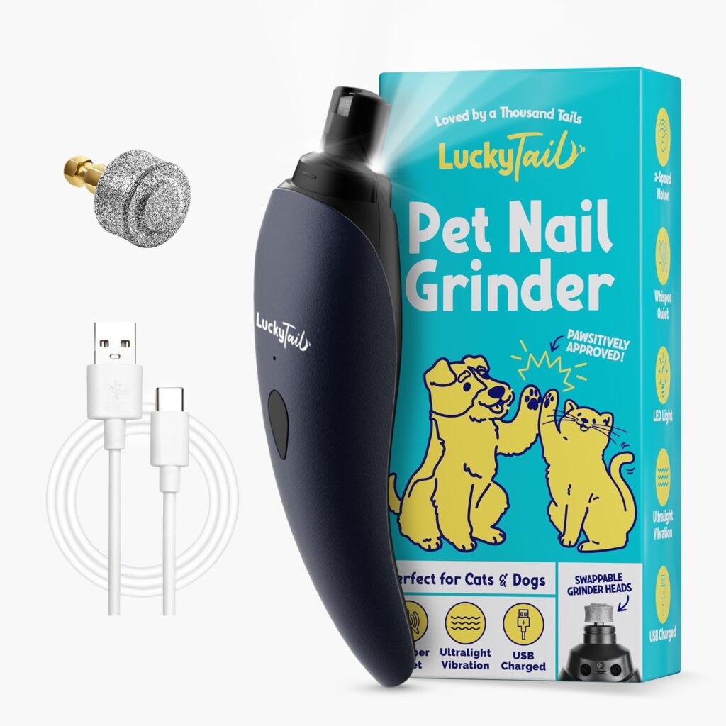 LUCKY TAIL Pet Nail Grinder for Dogs and Cats – Super Quiet and Low Vibration Electric Dog Nail Grinder with 2 LED Lights – USB Rechargeable and Cordless – 2 Speeds – Small to Large Pets – Dark Blue