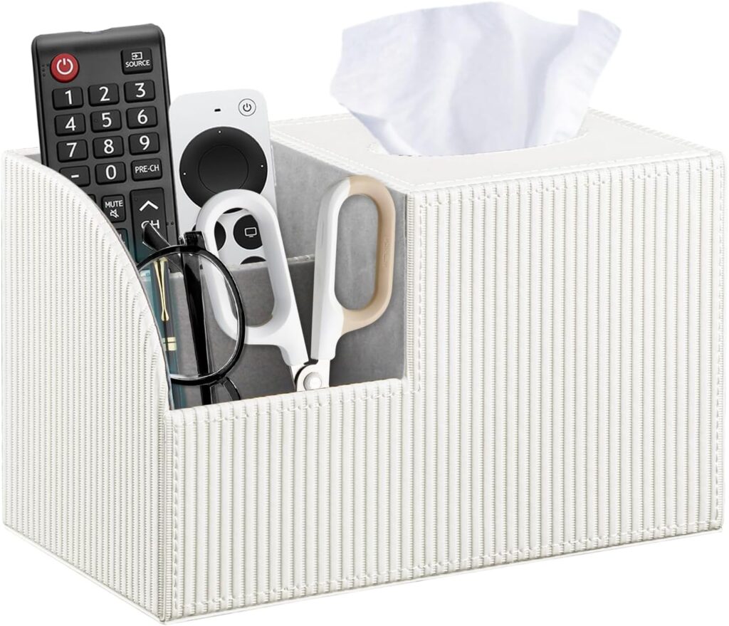 Fanousy Square Tissue Box Cover with Storage, PU Leather Cube Tissue Box Holder, Remote Control Nightstand Organizer, Modern Desk Caddy for End Table, Bathroom, Bedroom, Home, Office Decor