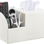 Fanousy Square Tissue Box Cover with Storage, PU Leather Cube Tissue Box Holder, Remote Control Nightstand Organizer, Modern Desk Caddy for End Table, Bathroom, Bedroom, Home, Office Decor