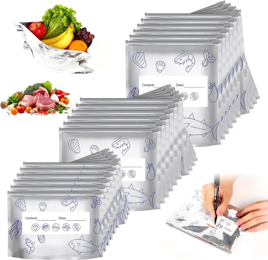 30pcs Reusable Aluminum Foil Sealable Storage Bags, 2026 New Thicken Stand Up Foil Sealable Bags with Label and Zip Lock, Aluminum Foil Bags for Food, Vegetable Fruit Meat (10*S+10*M+10*L)