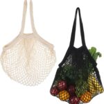 2-Pack Cotton Mesh Grocery Bags, Reusable & Foldable Net Produce Bags for Shopping, Beige & Black