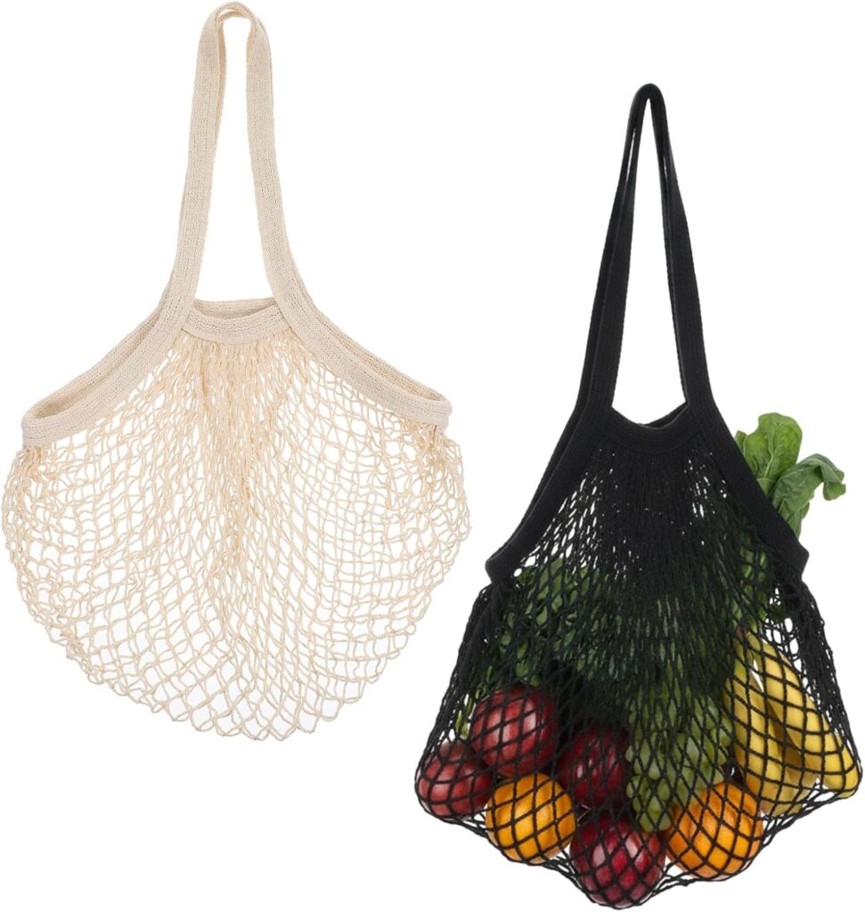 2-Pack Cotton Mesh Grocery Bags, Reusable & Foldable Net Produce Bags for Shopping, Beige & Black