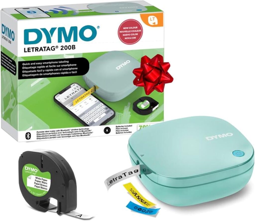 DYMO LetraTag 200B Bluetooth Label Maker, Compact Label Printer, Connects Through Bluetooth Wireless Technology to iOS and Android, Includes 1 White Paper Label Tape, Daydream Blue