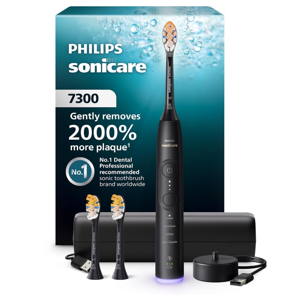 Philips Sonicare 7300 Series Electric Toothbrush – Next-Generation Sonicare Technology, Pressure Sensor, 12 Brushing Settings, SmarTimer, BrushPacer, 21-Day Runtime, Travel Case, Black, HX7421/07