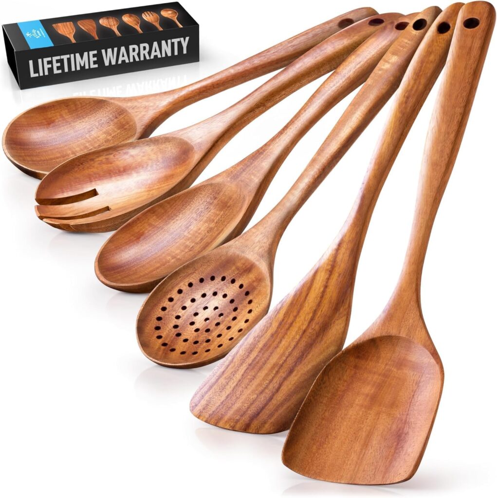 Zulay Kitchen 6-Piece Wooden Spoons for Cooking – Smooth Finish Teak Wood Utensils – Soft Comfort-Grip Cooking Wood Spoons Non-Stick Teak Easy to Clean Utensils Heat Resistant Non-Scratch Spoon Sets