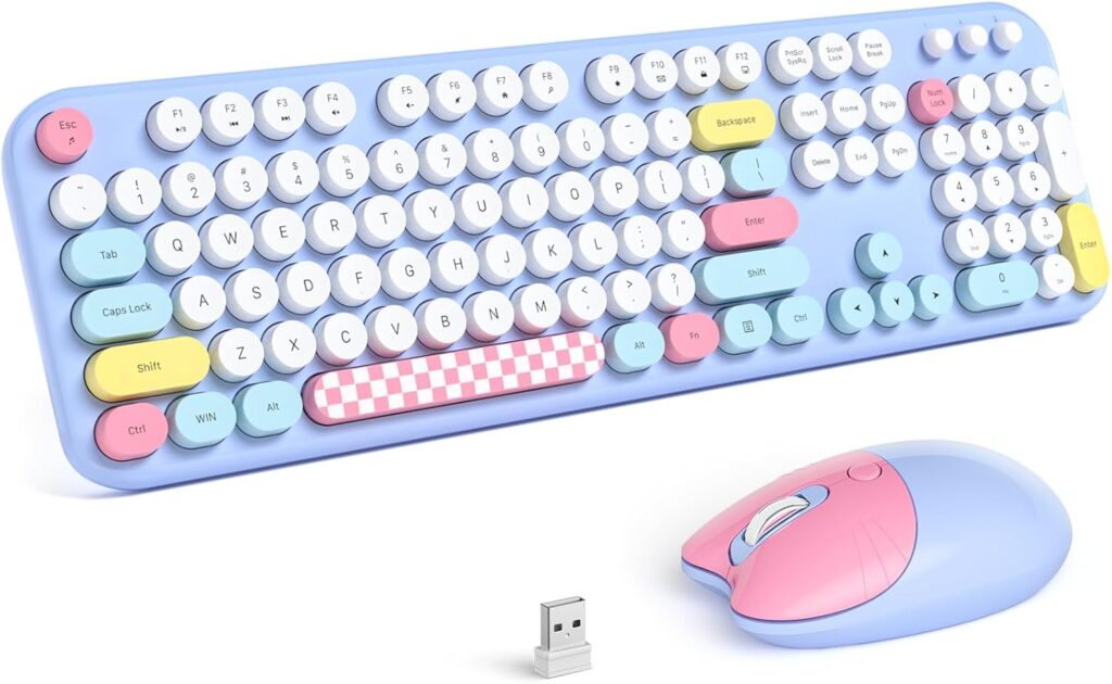 MOFII Wireless Keyboard and Mouse Combo – 2.4GHz Full-Size Retro Typewriter Keyboard with Round Keys, 3 Level Adjustable Optical Mouse, Plug & Play – Compatible with PC/Laptop/Desktop – Light Blue Mix