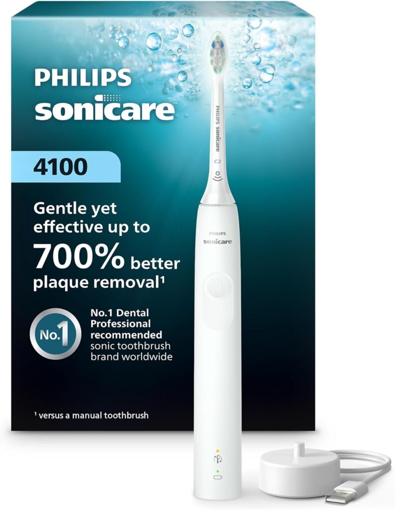 Philips Sonicare 4100 Series Electric Toothbrush – Sonic Toothbrush with Advanced Sonic Technology, Pressure Sensor, Two Intensity Settings, Smartimer & Quadpacer, White, Model HX3681/23