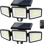 Tuffenough Solar Outdoor Lights 2500LM 210 LED Security Lights with Remote Control,3 Heads Motion Sensor Lights, IP65 Waterproof,270° Wide Angle Flood Wall Lights with 3 Modes(2 Packs)