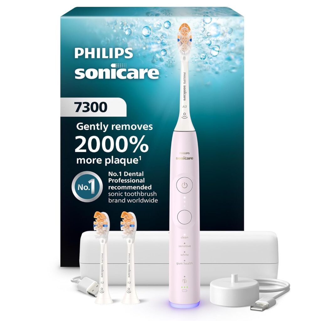 Philips Sonicare 7300 Series Electric Toothbrush – Next-Generation Sonicare Technology, Pressure Sensor, 12 Brushing Settings, SmarTimer, 21-Day Runtime, Travel Case, Light Pink, HX7422/04