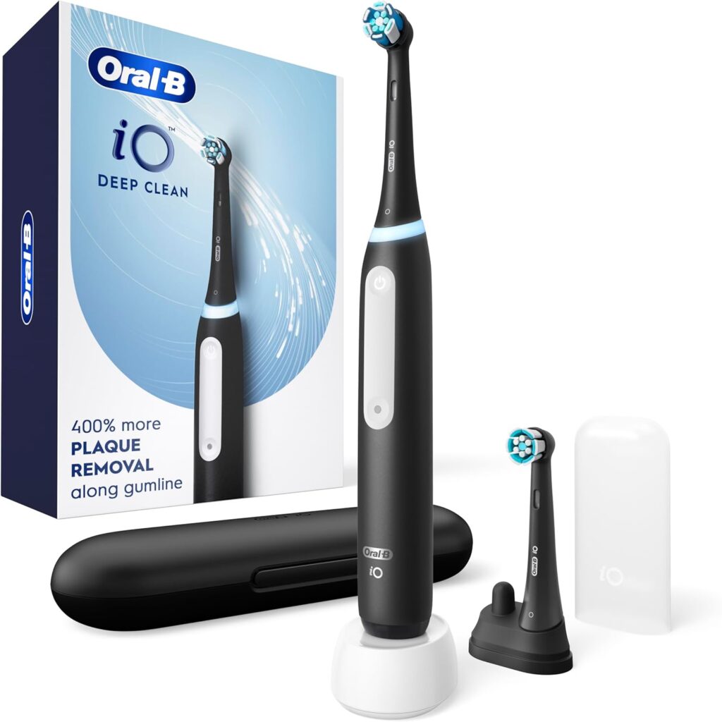 Oral-B iO Deep Clean Rechargeable Electric Powered Toothbrush, Black with iO Series 3 Limited, 2 Brush Heads and Travel Case – Pressure Sensor to Protect Gums – 3 Cleaning Settings – 2 Minute Timer