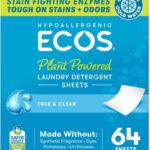ECOS Laundry Detergent Sheets Vegan, No Plastic Jug, No Mess & Liquid Free – Hypoallergenic, Plant Powered Laundry Detergent Sheet – Free and Clear – 64 Count (Pack of 1)