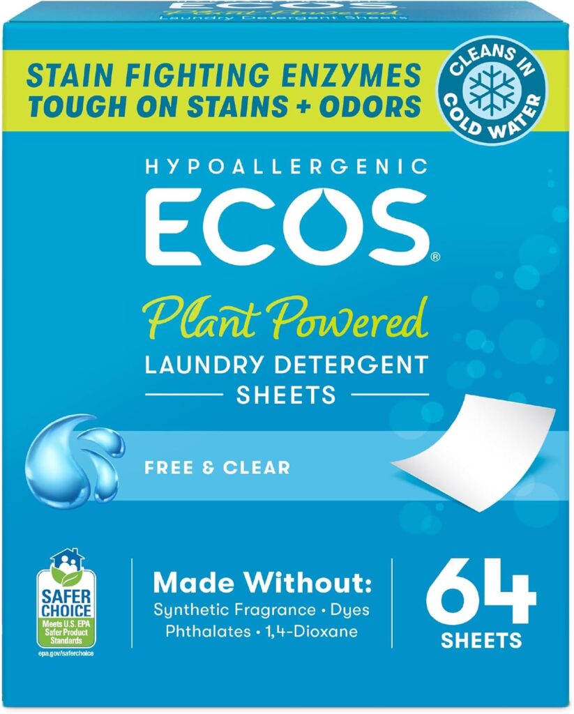 ECOS Laundry Detergent Sheets Vegan, No Plastic Jug, No Mess & Liquid Free – Hypoallergenic, Plant Powered Laundry Detergent Sheet – Free and Clear – 64 Count (Pack of 1)