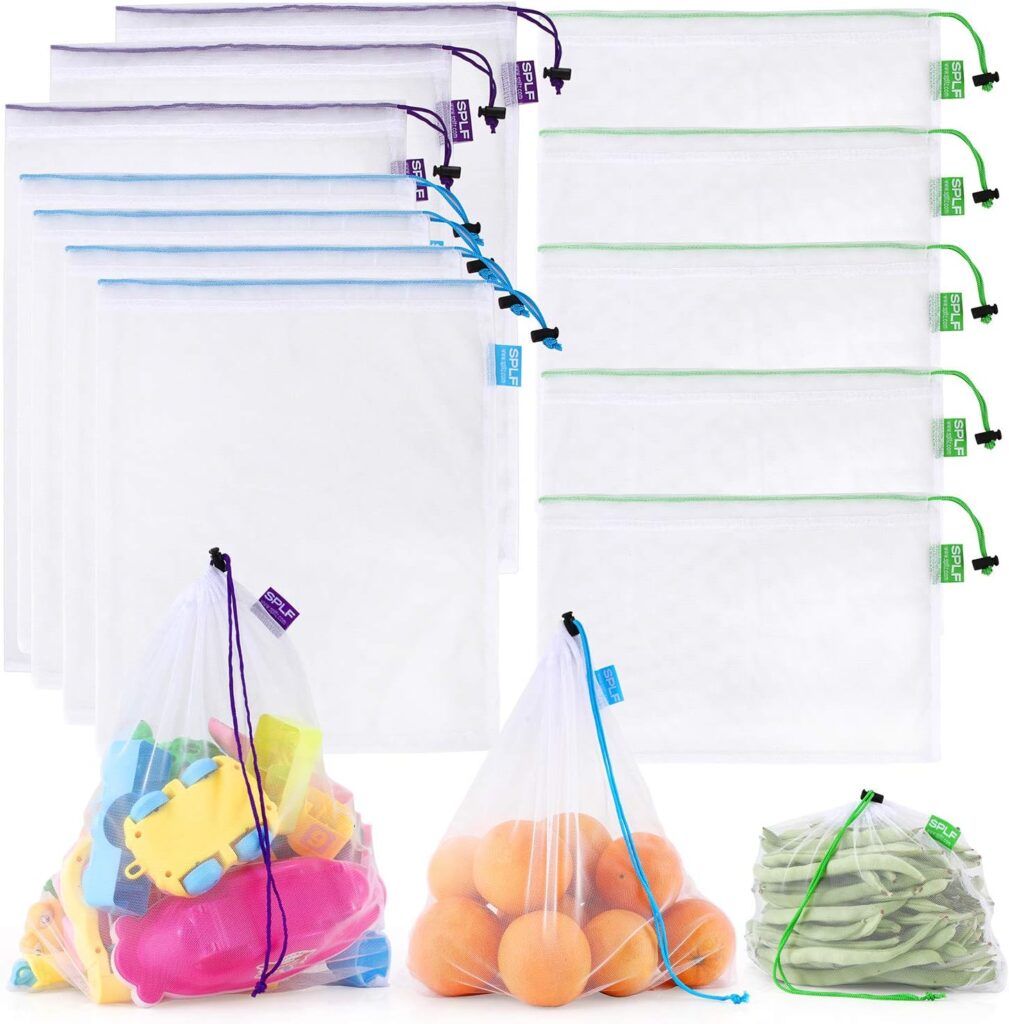 SPLF 12 Pcs Heavy Duty Reusable Mesh Produce Bags, Barcode Scanable See Through Food Safe Mesh Bags with Drawstring for Fruits, Vegetable, Food, Toys, Grocery Storage, Large Medium Small
