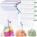 SPLF 12 Pcs Heavy Duty Reusable Mesh Produce Bags, Barcode Scanable See Through Food Safe Mesh Bags with Drawstring for Fruits, Vegetable, Food, Toys, Grocery Storage, Large Medium Small