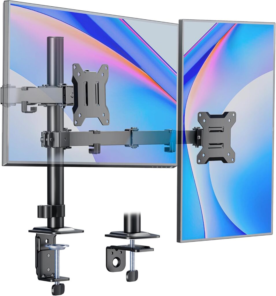 monTEK Dual Monitor Stand for 17″–32” Computer, Adjustable Height Stable Monitor Mount Fit up to 32 inch Screen, Hold up to 22lbs Weight, C-Clamp and Grommet, VESA 75x75mm/100x100mm