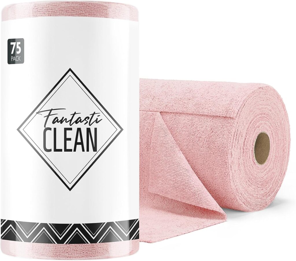 Fantasticlean Microfiber Cleaning Cloth Roll -75 Pack, Tear Away Microfiber Towels, 12″ x 12″, Reusable, Washable, Scratch Free, Ultra Absorbent Dishcloth for All-Around Cleaning Supplies (Pink)