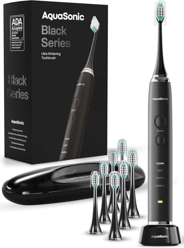 Aquasonic Black Series Ultra Whitening Toothbrush – ADA Accepted Electric Toothbrush- 8 Brush Heads & Travel Case – 40,000 VPM Electric Motor & Wireless Charging – 4 Modes w Smart Timer