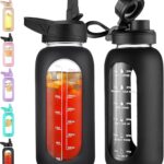 CIVAGO 32 oz Glass Water Bottle with Straw and Handle, Large Sports Motivational Water Bottle Flask with Time Marker and 2 Lids, Leakproof Water Jug Canteen with Silicone Sleeve for Gym,Black