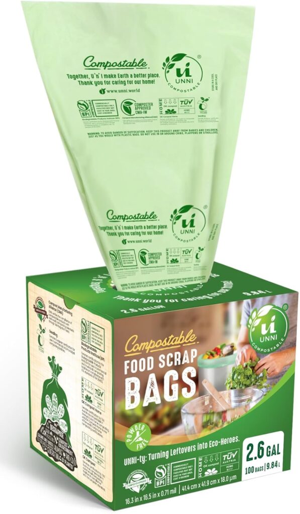 UNNI Compostable Trash Bags, 2.6 Gallon / 9.84 Liter, 100 Count, Extra Thick 0.71 Mil Small Kitchen Food Scrap Bin Liners, Certified by BPI, CMA & OK compost HOME, Meets the ASTM D6400 Standard