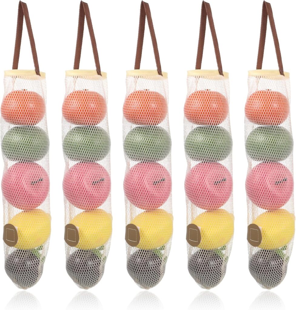 KALIONE 5 Packs Hanging Mesh Storage Bags, Potato & Onion Bags, Long and Large Reusable Net Produce Bags for Fruit Veggies, Suitable for Kitchen and Grocery