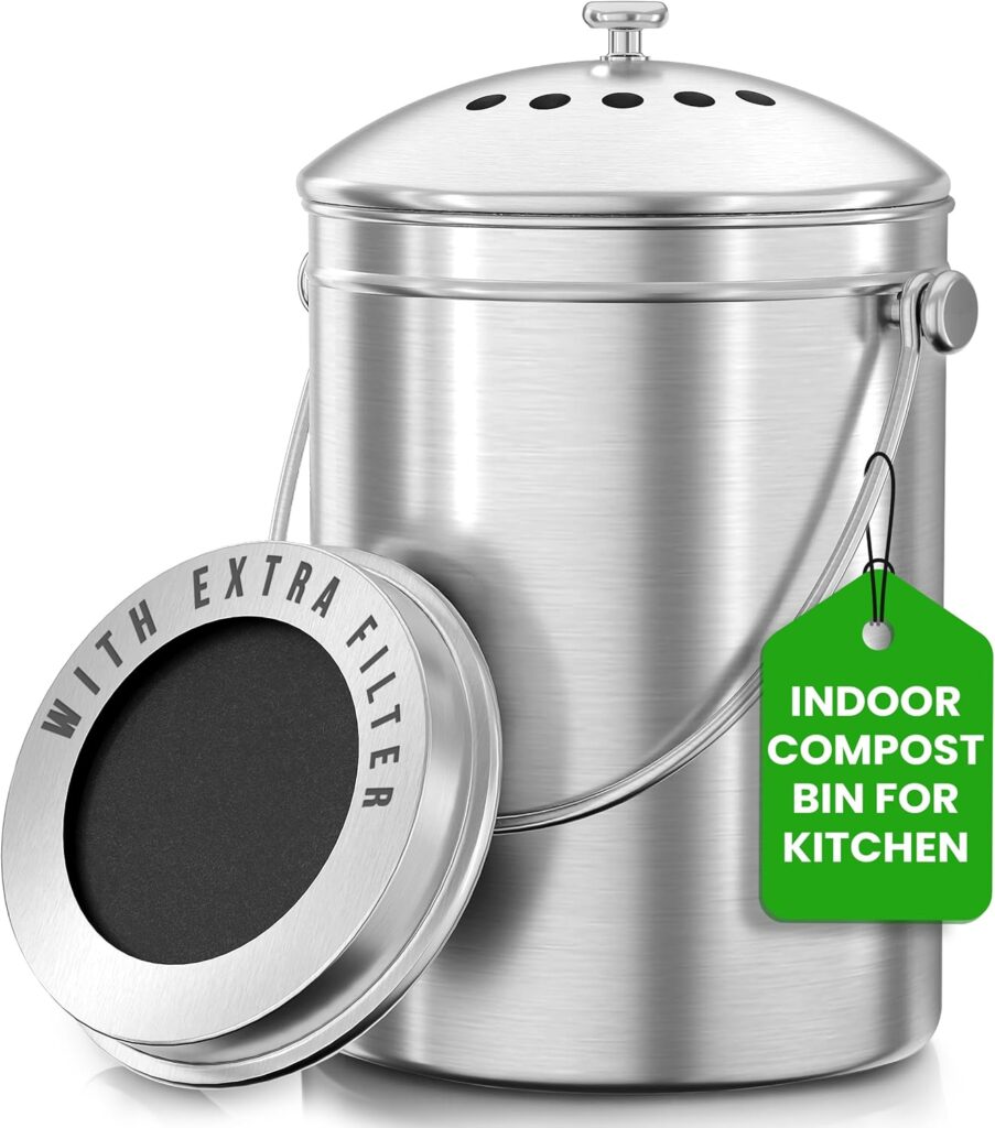 Utopia Kitchen Indoor Compost Bin Kitchen, Odorless Composting with Charcoal Filter, 1.3 Gallon Stainless Steel Large Composter for Countertop & Under Sink, Easy Cleaning, One Extra Filter – (Silver)