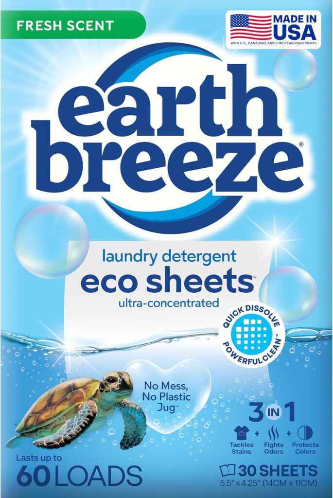 Earth Breeze Laundry Detergent Sheets Fresh Scent – 60 Loads Eco Liquidless Soap – Travel-Friendly for Hot & Cold Cycles, Tackles Tough Stains & Odors – Gentle on Skin, 30 Ct