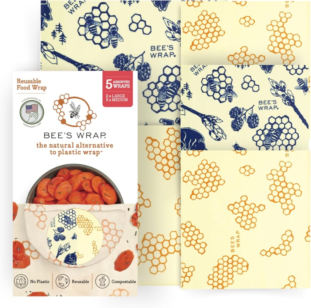 Bee’s Wrap Beeswax Wraps for Food – Made in USA Reusable & Organic Food Wraps & Bowl Covers – Eco-Friendly Alternative to Aluminum Foil, Honeycomb & Bees + Bears Assorted 5 Pack (2L, 3M)