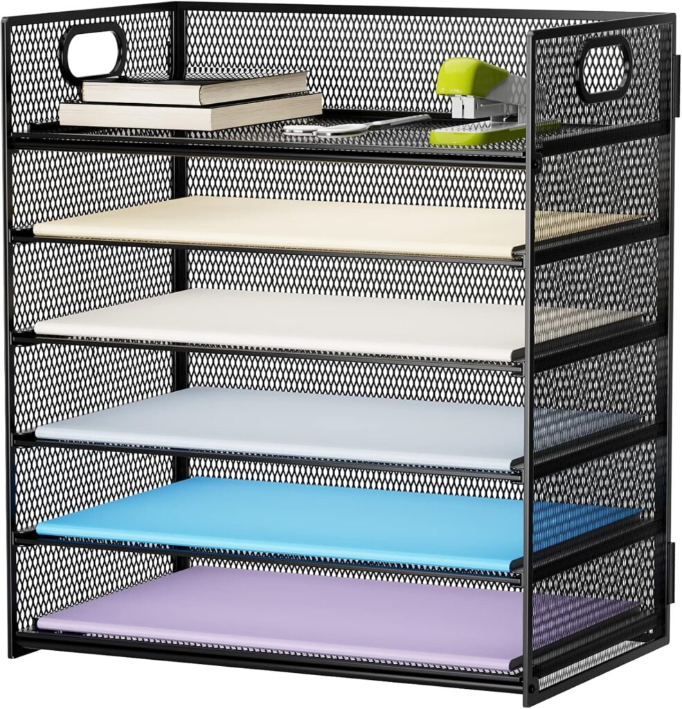 Marbrasse 6 Tier Paper Organizer Letter Tray – Mesh Desk File Organizer with Handle, Paper Sorter Organizer for Letter/A4 Office File Folder Holder – Black