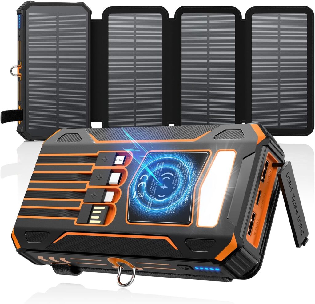 SOARAISE Solar Charger Power Bank – 48000mAh Wireless Portable Charger Built-in 4 Cables and 4 Solar Panels, PD QC 3.0 Fast Charging USB C Battery Pack with Flashlight for Camping Travel