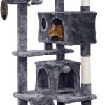 Yaheetech 54in Cat Tree, Multi-Level Cat Tower with Spacious Kitten-ear Perch, 2 Cozy Caves, Scratching Posts, Climbing Ladder, 2 Plush Balls, Durable Pet House Furniture for Indoor Kittens, Dark Gray