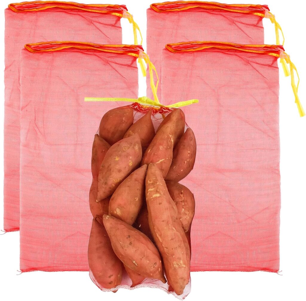 4 Pack Mesh Onion Bags – 20” x 12” Reusable Drawstring Fresh Produce Storage Bags for Onions, Vegetables, Potatoes, Citrus, Crawfish Firewood