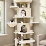 Globlazer Corner Cat Tree for Large Cats, 66inch Tall Curved Series Large Cat Tower for Multiple Indoor Cats with 6 Scratching Posts, 2 Spacious Cat Condos, Hammock, Hanging Basket, C66, Beige