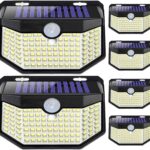 HMCITY 120 LED Outdoor Solar Lights with Motion Sensor and 3 Lighting Modes, IP65 Waterproof Wide Solar Wall Lights Ideal for Garden Patio Yard (Front Button 6Packs, Black Shell-Daylight White)