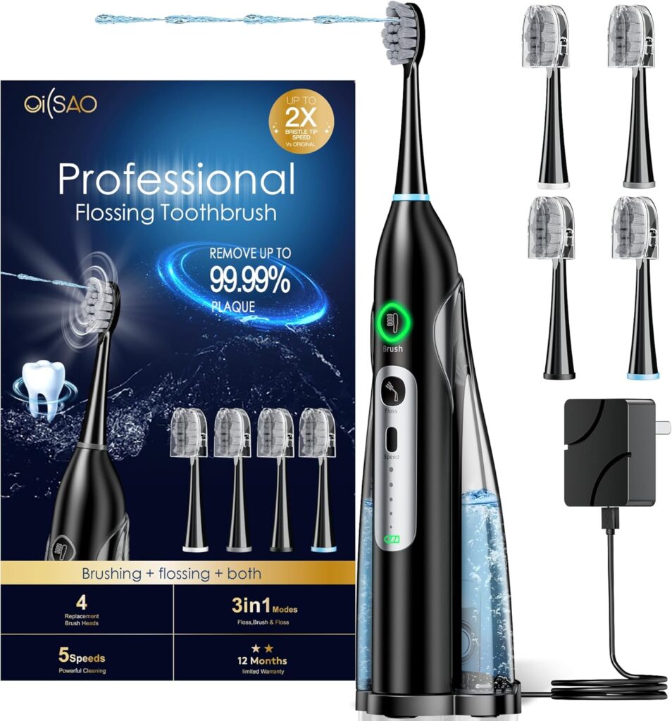 Electric Toothbrush with Water Flosser, All in One Sonic Flossing Toothbrush with 3 Modes & 5 Flossing Speeds & 4 Brush Heads, Rechargeable & Portable for Adult Teeth Cleaning,Black