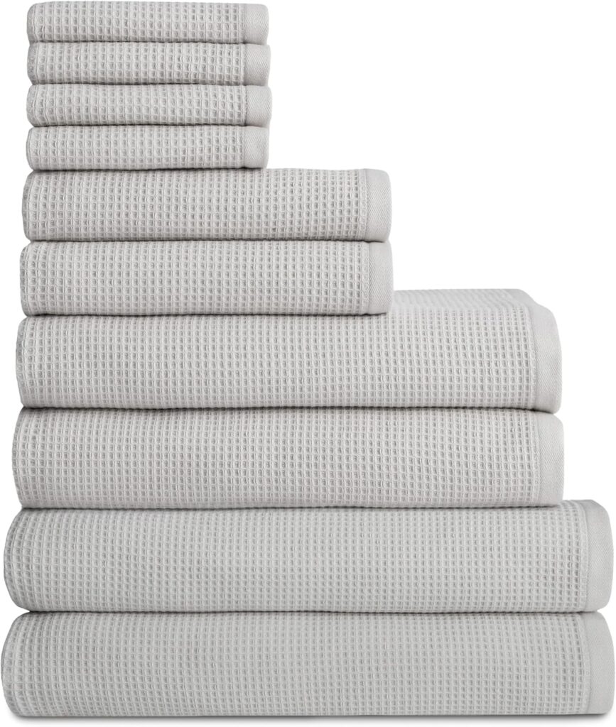 Cozy Earth Complete Waffle Bath Bundle – 60% Cotton 40% Viscose from Bamboo – Quick Dry & Ultra-Soft Waffle Weave Bath Towels – 4 Washcloths, 2 Hand Towels, 2 Bath Towels, 2 Bath Sheets, Light Grey