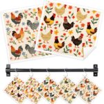 Swedish Dishcloths for Kitchen, 5 Pack Funny Chicken Reusable Paper Towels with 3 Hooks, Washable Dish Cloth Set, Absorbent Cleaning Cloth for Washing Dishes Housewarming Gifts for Friend