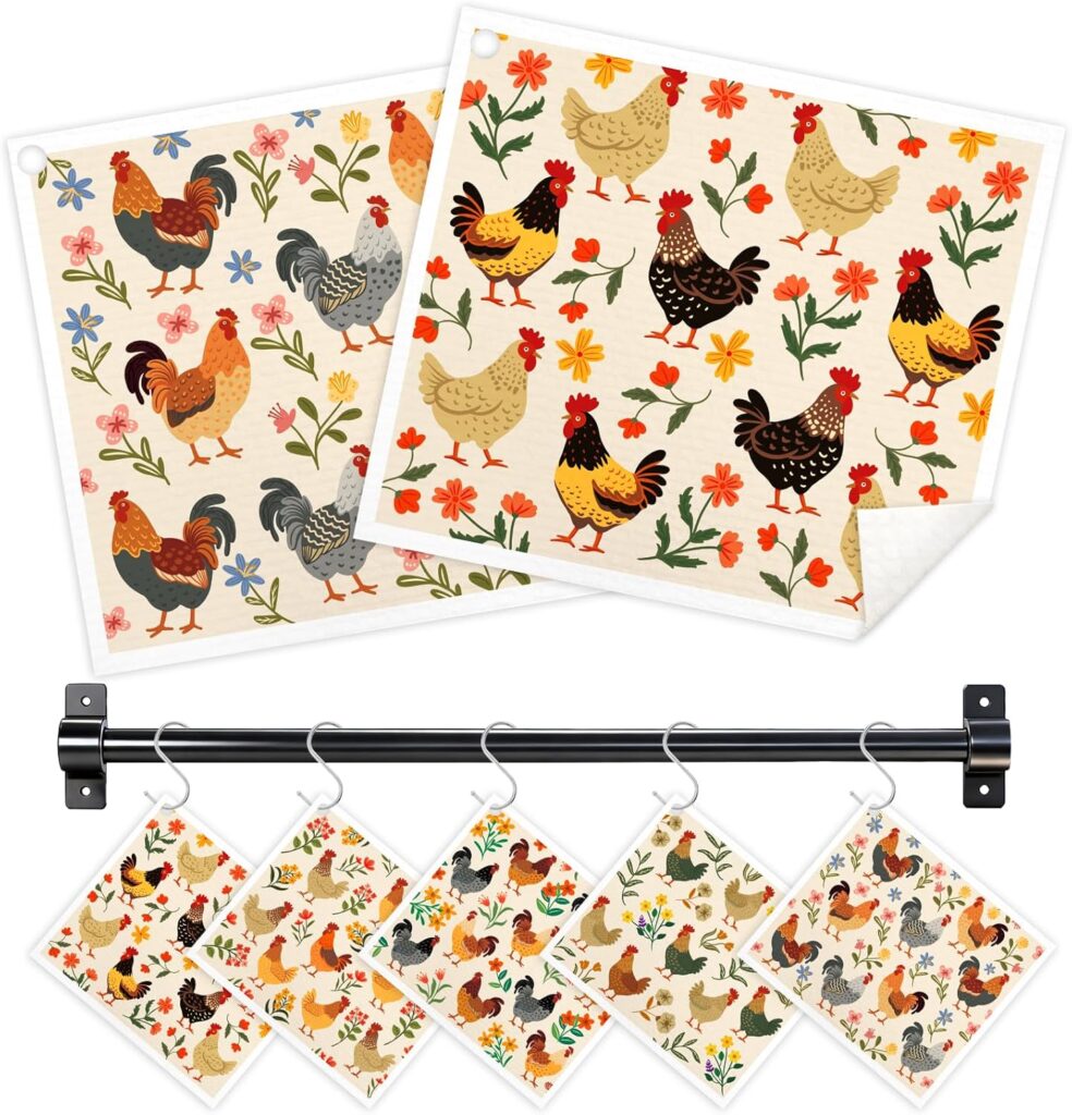 Swedish Dishcloths for Kitchen, 5 Pack Funny Chicken Reusable Paper Towels with 3 Hooks, Washable Dish Cloth Set, Absorbent Cleaning Cloth for Washing Dishes Housewarming Gifts for Friend
