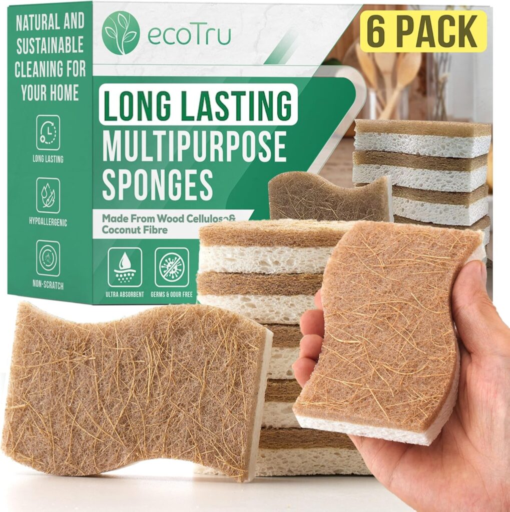6 Pack Natural Kitchen Sponges, Compostable White Cellulose & Organic Coconut Scrubber Sponge for Washing Dishes, Kind Eco Friendly Non Toxic & Biodegradable Dishwashing Sponges