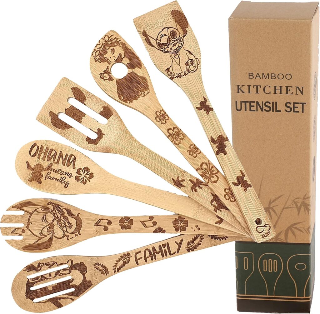 Bejky 6-Pcs Wooden Bamboo Spoons Set – Organic Food Cooking Utensils – Kitchen Accessories and Home Decor – Cookware Gifts for Women – Easy Wash Spatulas – 3D Engraved Patterns – Family Design