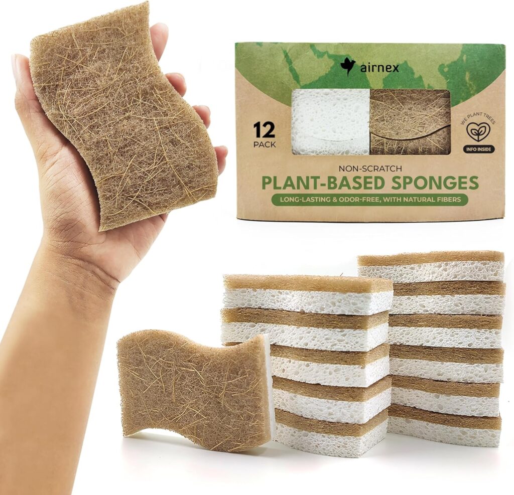 Biodegradable Natural Kitchen Sponge – Compostable Cellulose and Coconut Walnut Scrubber Sponge (12 Pack)